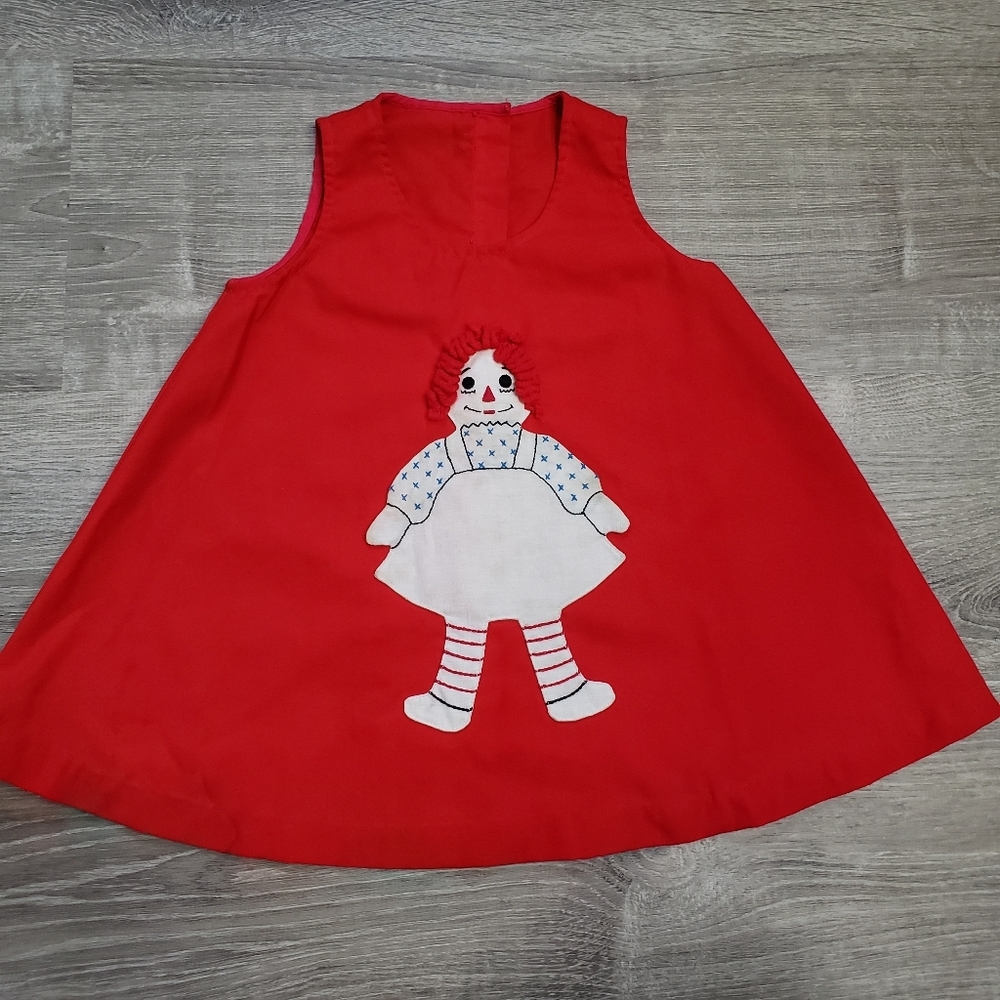 VINTAGE RAGGEDY ANN Applique Jumper Dress Red retro1960s Yarn Hair